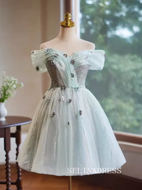 Green Tulle Cute Homecoming Dresses Off-the-shoulder Hoco Dress Cocktail Dress #TKL1892|Selinadress