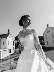 High Neck Long Sleeve Lace Wedding Dresses Vintage Princess Wedding Dress XS001|Selinadress