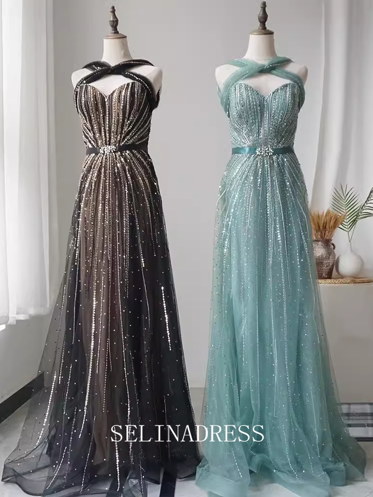 High Quality Black Beaded Long Prom Dress Luxury Dubai Evening Formal Gown EWR105|Selinadress