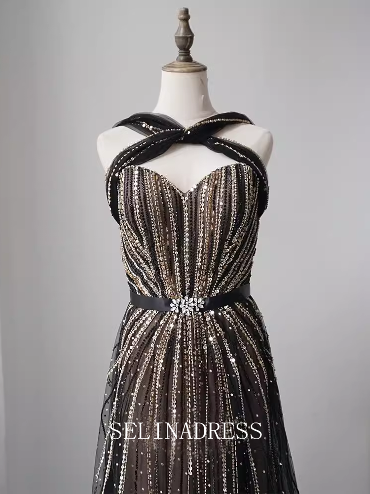 High Quality Black Beaded Long Prom Dress Luxury Dubai Evening Formal Gown EWR105|Selinadress