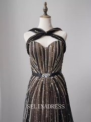 High Quality Black Beaded Long Prom Dress Luxury Dubai Evening Formal Gown EWR105|Selinadress