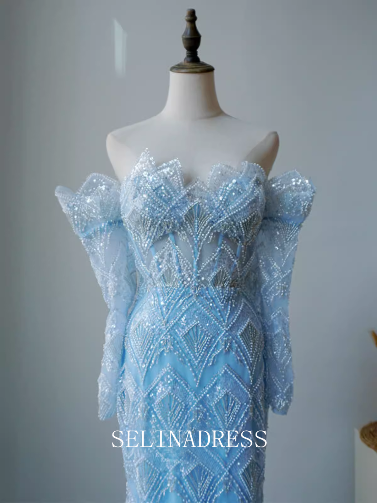 High Quality Mermaid Sky Blue Beaded luxury Prom Dress Dubai Evening Formal Gown EWR102|Selinadress