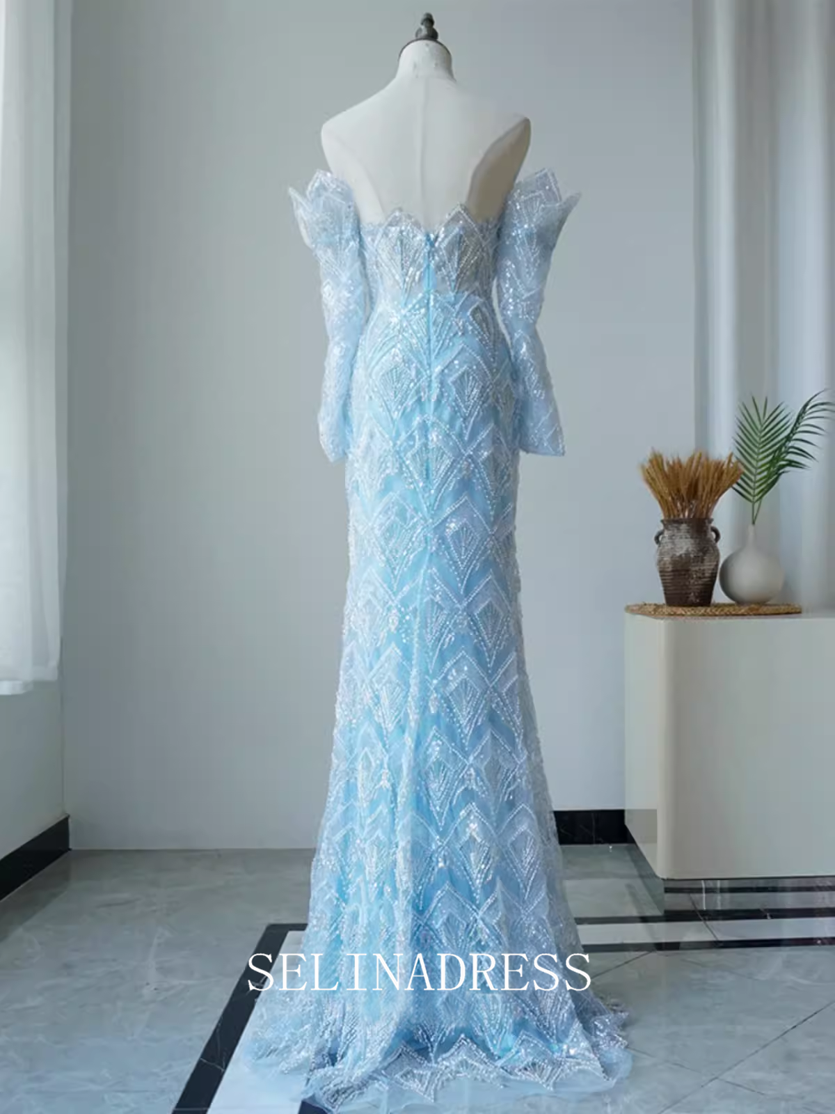 High Quality Mermaid Sky Blue Beaded luxury Prom Dress Dubai Evening Formal Gown EWR102|Selinadress