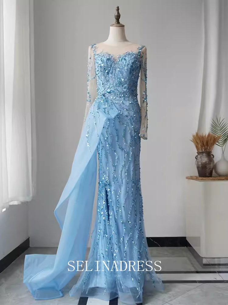 High Quality Mermaid Sky Blue Prom Dress Long Sleeve Beaded Dubai Evening Formal Gown EWR108|Selinadress