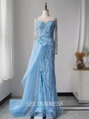 High Quality Mermaid Sky Blue Prom Dress Long Sleeve Beaded Dubai Evening Formal Gown EWR108|Selinadress