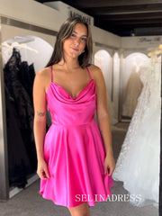 Hot Pink A-Line Cowl Neck Short Prom Dress Homecoming Dress #EWR159