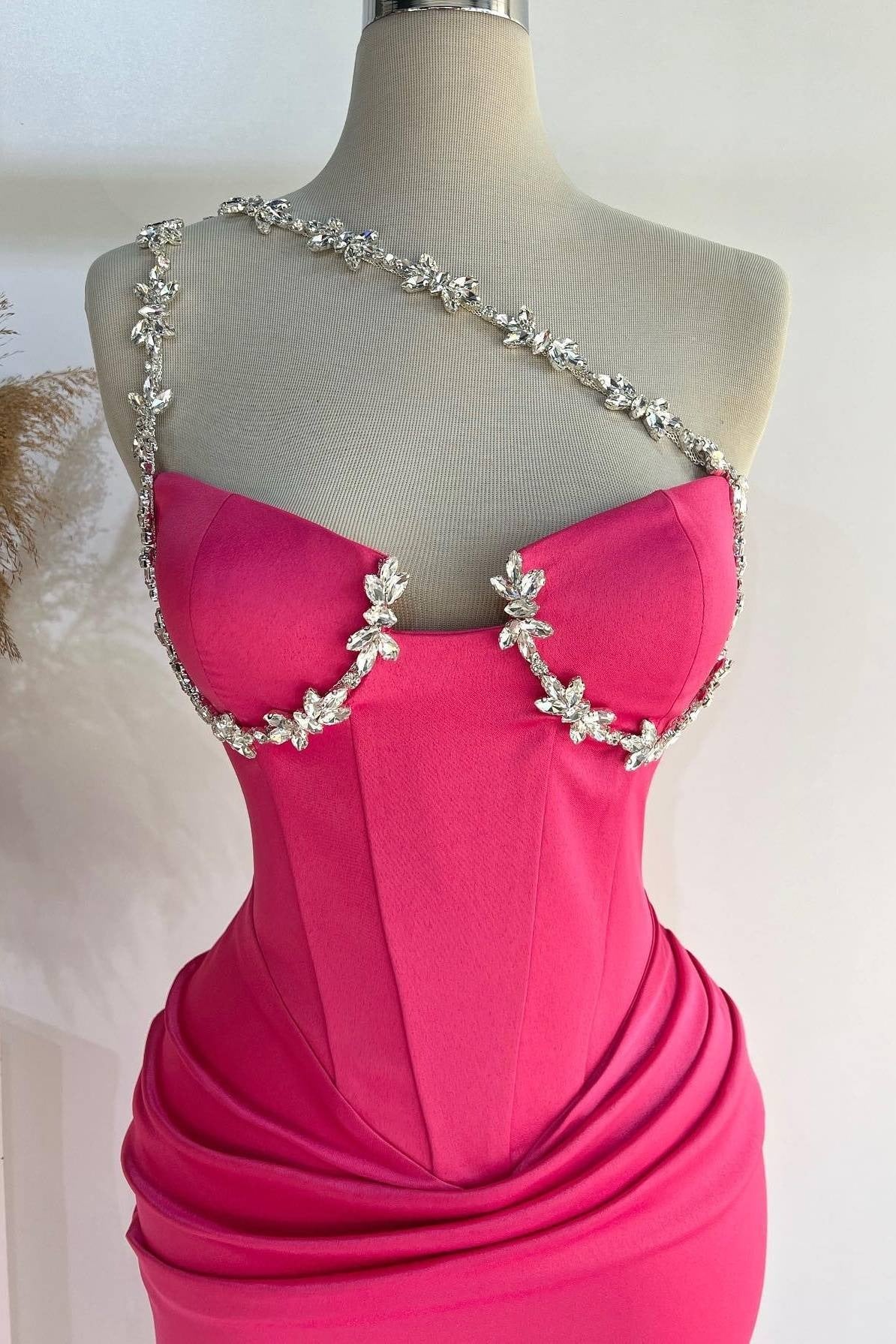 Hot Pink One Shoulder Rhinestones Pleated Tight Prom Dress SEW1311