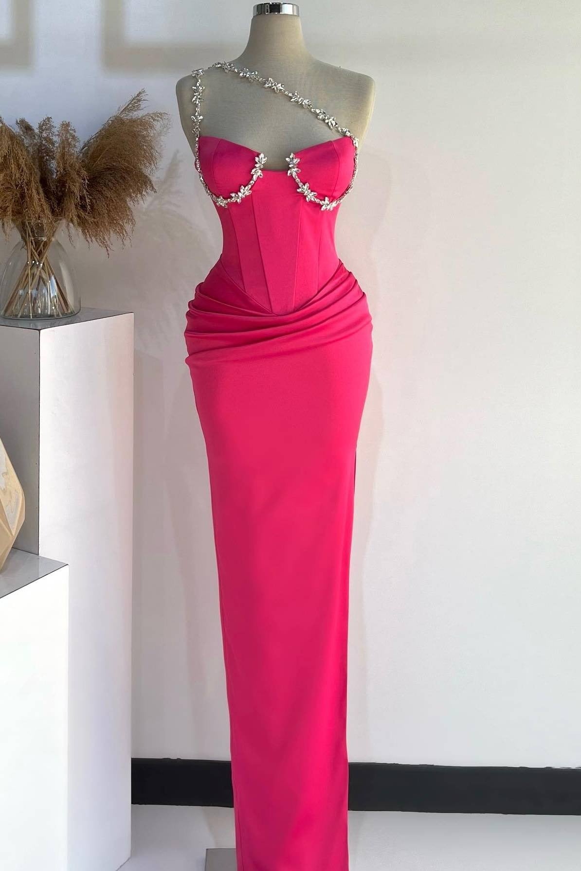 Hot Pink One Shoulder Rhinestones Pleated Tight Prom Dress SEW1311|Selinadress