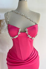 Hot Pink One Shoulder Rhinestones Pleated Tight Prom Dress SEW1311