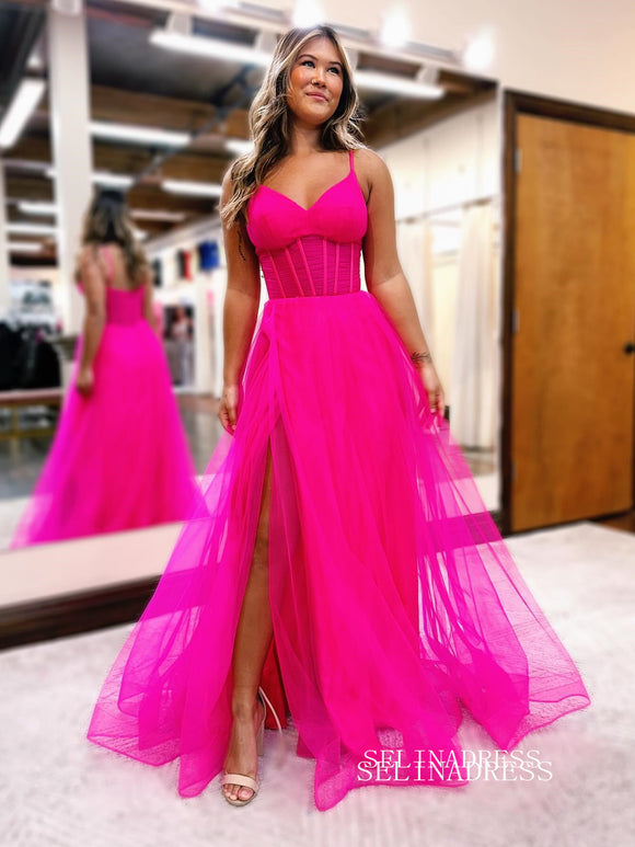 Hot Pink Spaghetti Straps Long Prom Dress With Split Tulle Evening Dress EWR467|Selinadress