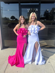 Hot Pink Strapless Mermaid Ruffles Long Prom Dress with Slit SER803