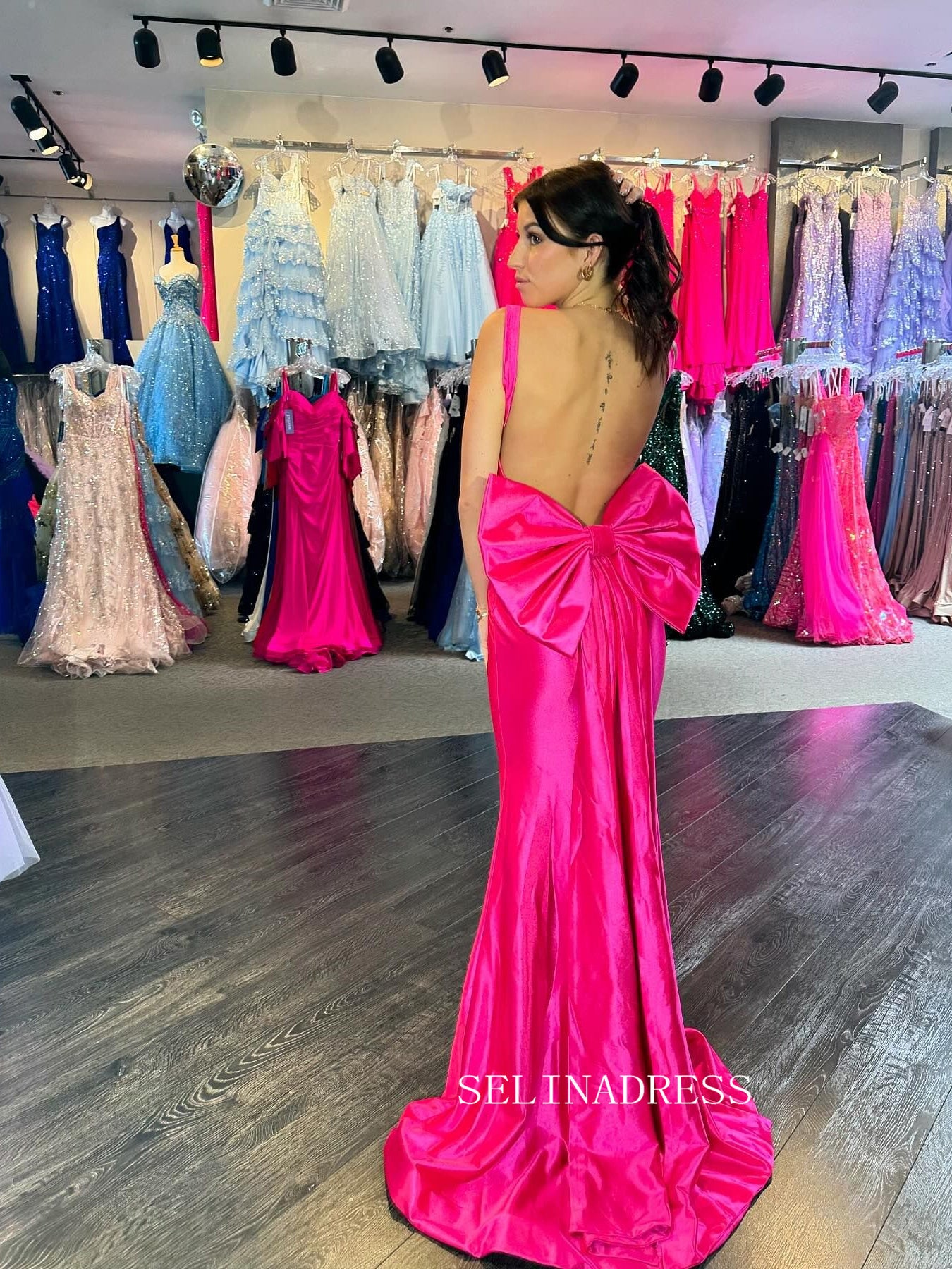 Hot Pink Straps Mermaid Long Prom Dress With Bow Open Back Evening Dresss SER812|Selinadress