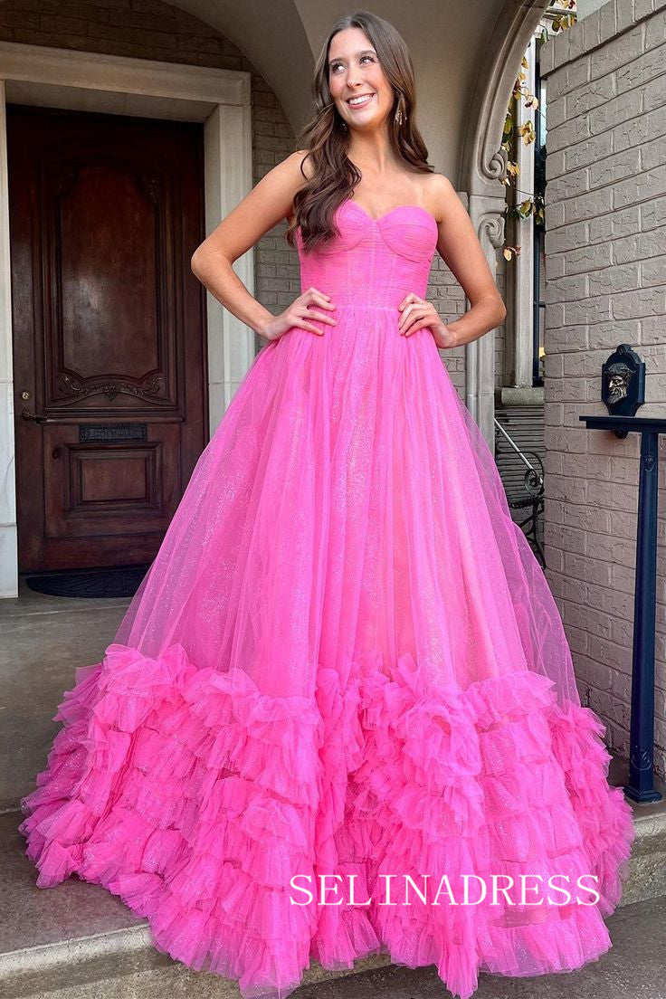 Hot Pink Sweetheart Long Prom Dress Ruffles Tulle Evening Dress EWR466