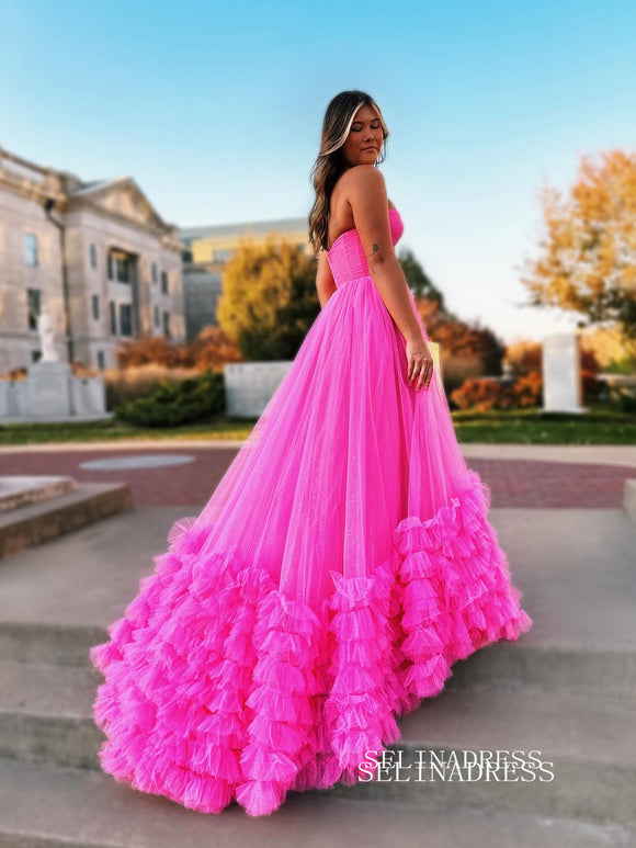 Hot Pink Sweetheart Long Prom Dress Ruffles Tulle Evening Dress EWR466|Selinadress