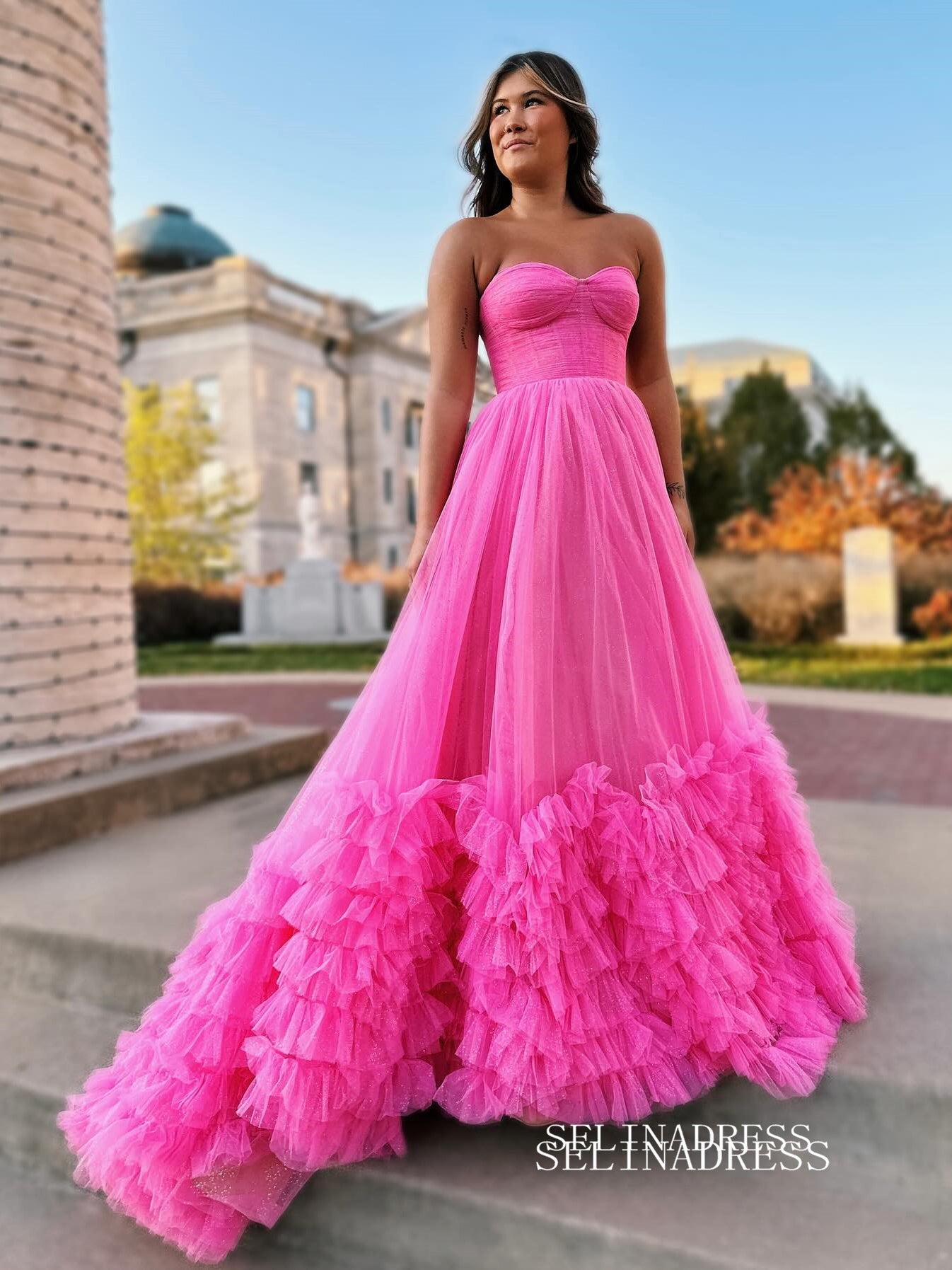 Hot Pink Sweetheart Long Prom Dress Ruffles Tulle Evening Dress EWR466|Selinadress