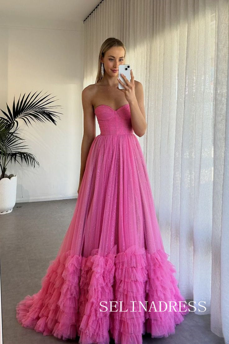 Hot Pink Sweetheart Long Prom Dress Ruffles Tulle Evening Dress EWR466