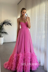 Hot Pink Sweetheart Long Prom Dress Ruffles Tulle Evening Dress EWR466