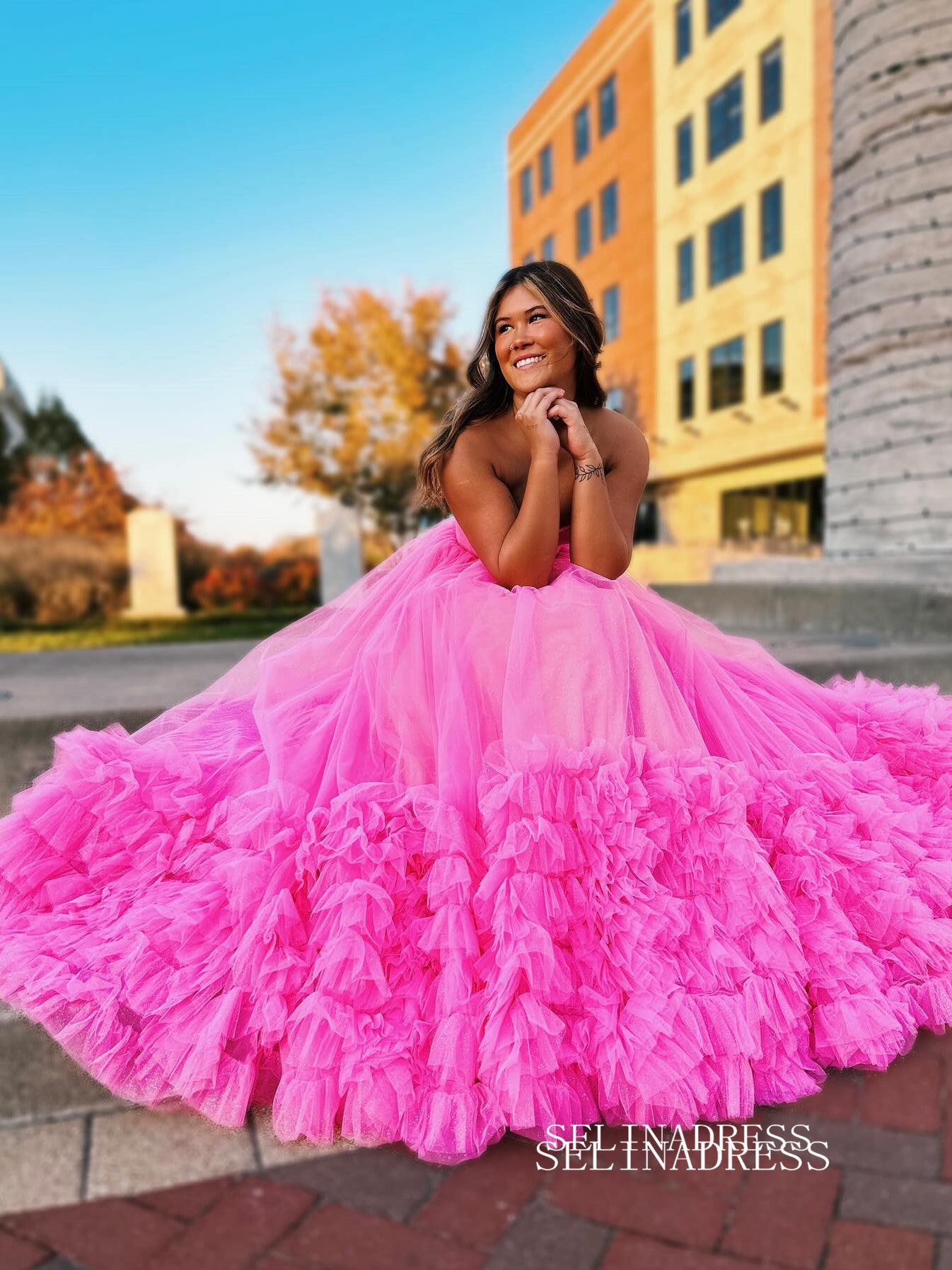 Hot Pink Sweetheart Long Prom Dress Ruffles Tulle Evening Dress EWR466|Selinadress