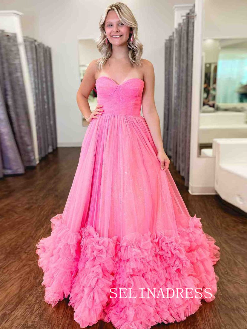 Hot Pink Sweetheart Long Prom Dress Ruffles Tulle Evening Dress EWR466