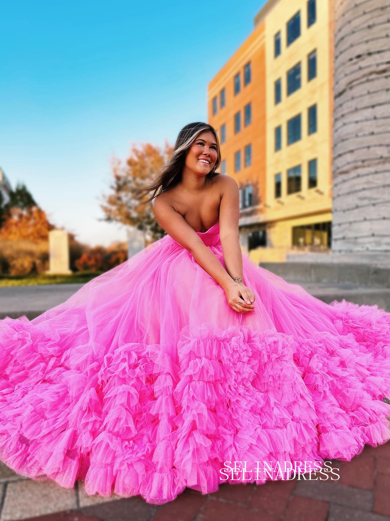 Hot Pink Sweetheart Long Prom Dress Ruffles Tulle Evening Dress EWR466|Selinadress