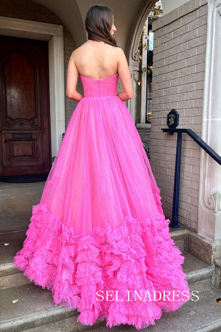 Hot Pink Sweetheart Long Prom Dress Ruffles Tulle Evening Dress EWR466