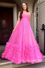 Hot Pink Sweetheart Long Prom Dress Ruffles Tulle Evening Dress EWR466