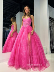 Hot Pink Tulle Organza Long Prom Dress Evening Dress with Slit sew1083|Selinadress