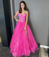 Hot Pink Tulle Organza Long Prom Dress Evening Dress with Slit sew1083|Selinadress