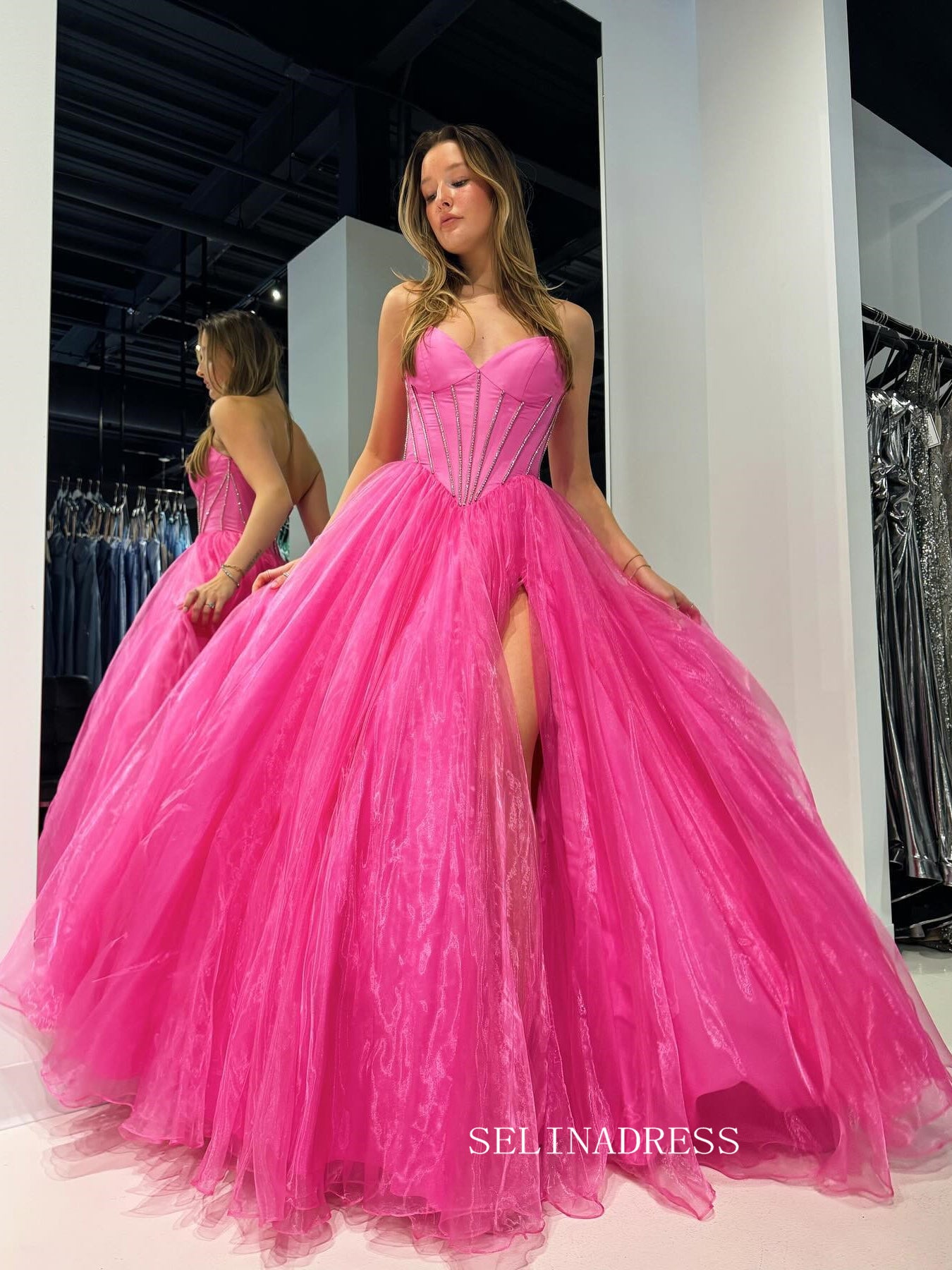 Hot Pink Tulle Organza Long Prom Dress Evening Dress with Slit sew1083|Selinadress