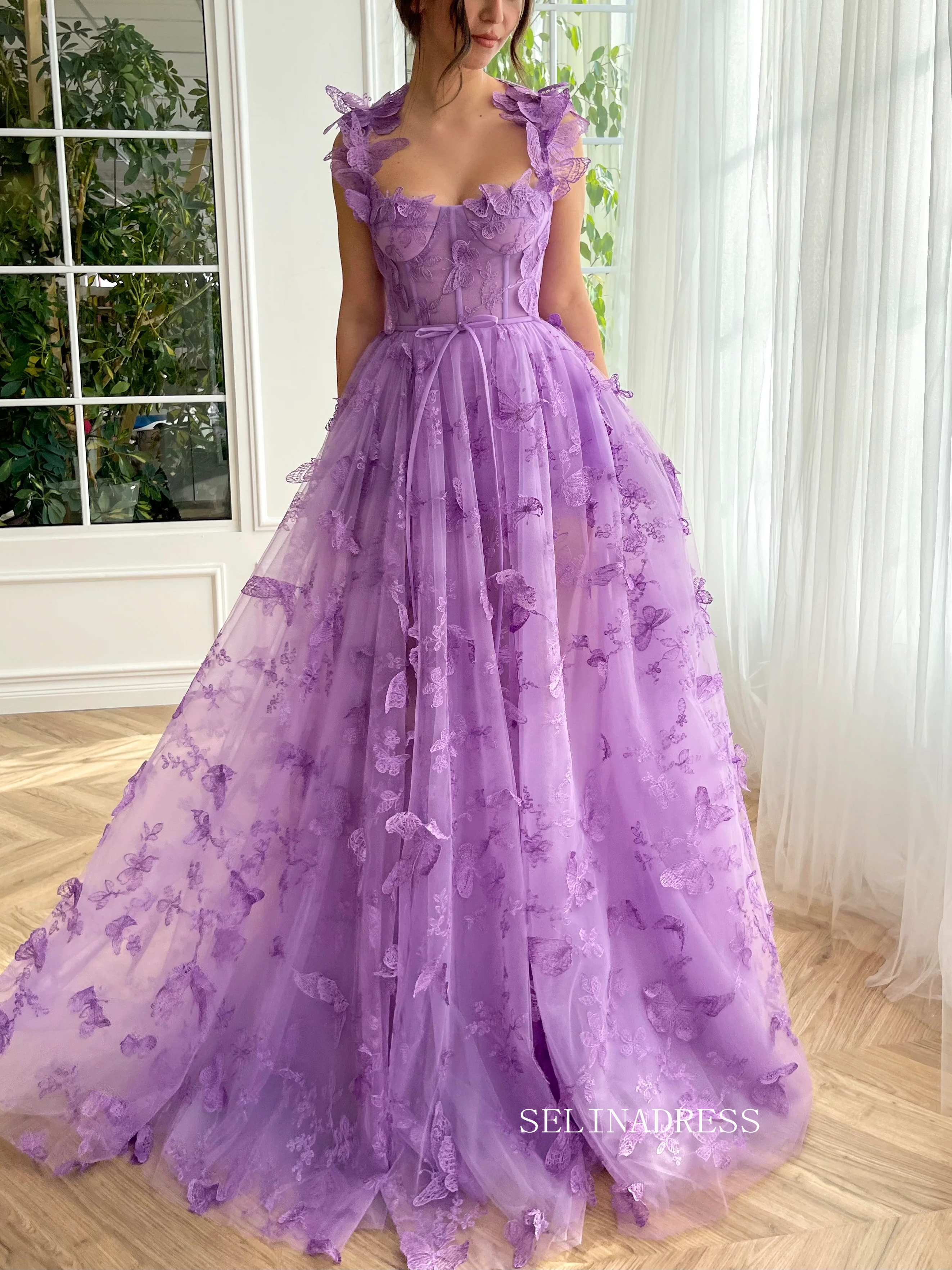 Chic A-line Straps 3D Floral Lace Long Prom Dresses With Embroidery Butterfly Green Evening Dresses jkw232