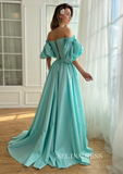 Light Blue Satin Long Prom Dress Off-the-shoulder Long Sleeve Evening Dress With Slit EWR309|Selinadress