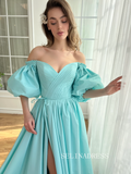 Light Blue Satin Long Prom Dress Off-the-shoulder Long Sleeve Evening Dress With Slit EWR309|Selinadress