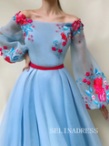 Light Sky Blue 3D Flower Long Prom Dress Long Sleeve Evening Dress EWR305|Selinadress