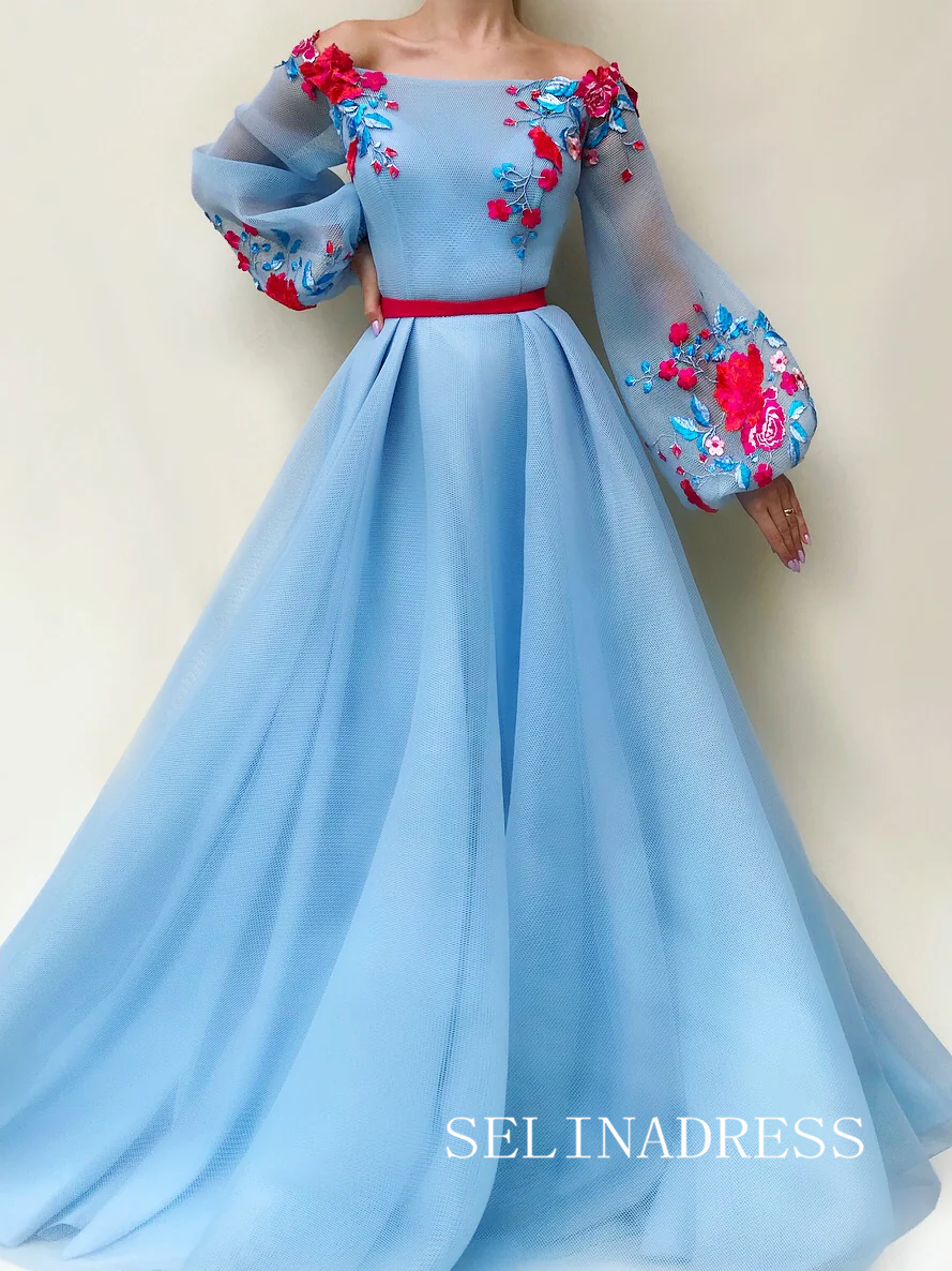 Light Sky Blue 3D Flower Long Prom Dress Long Sleeve Evening Dress EWR305|Selinadress