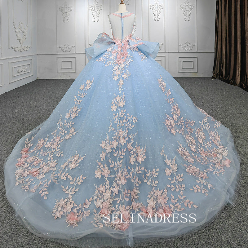 Light Sky Blue Ball Gown Long Formal Dress Pink 3D Floral Quinceanera Dresses MLH06987|Selinadress