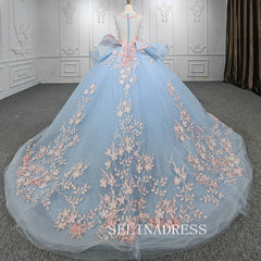 Light Sky Blue Ball Gown Long Formal Dress Pink 3D Floral Quinceanera Dresses MLH06987|Selinadress