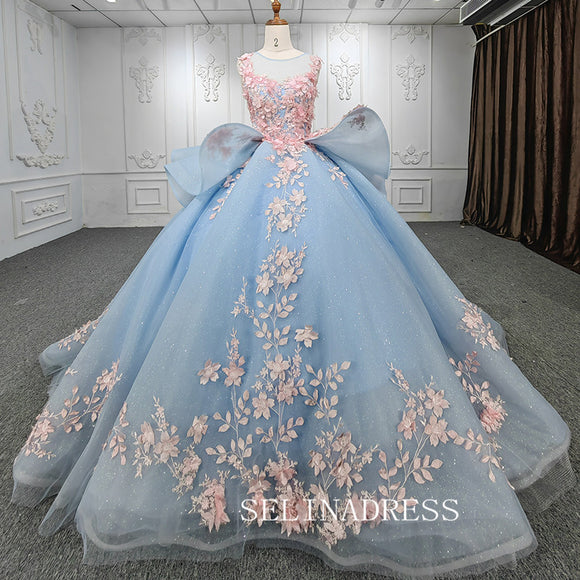 Light Sky Blue Ball Gown Long Formal Dress Pink 3D Floral Quinceanera Dresses MLH06987|Selinadress