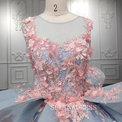 Light Sky Blue Ball Gown Long Formal Dress Pink 3D Floral Quinceanera Dresses MLH06987|Selinadress