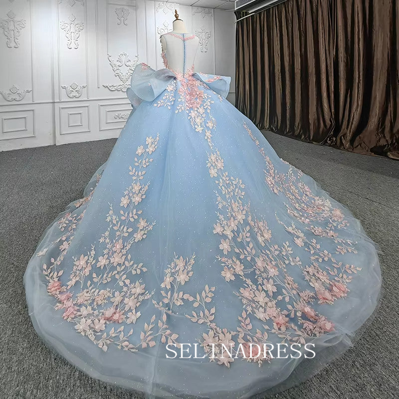 Light Sky Blue Ball Gown Long Formal Dress Pink 3D Floral Quinceanera Dresses MLH06987|Selinadress