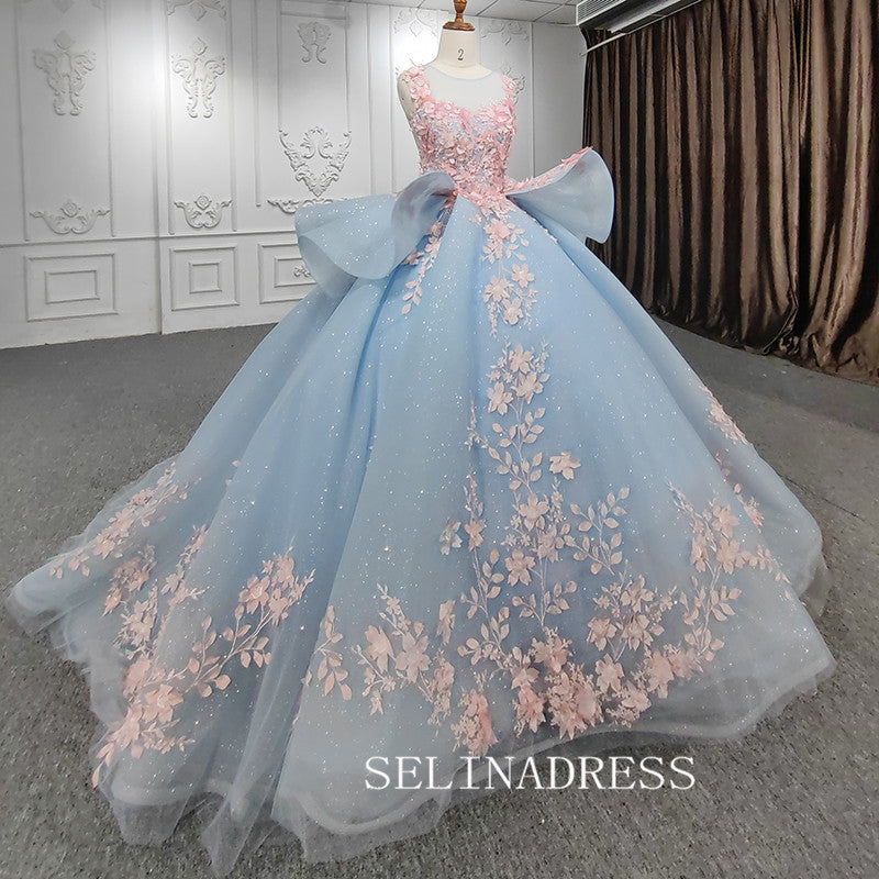 Light Sky Blue Ball Gown Long Formal Dress Pink 3D Floral Quinceanera Dresses MLH06987|Selinadress