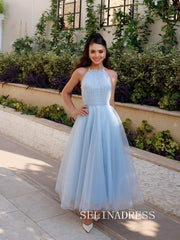 Light Sky Blue Halter Prom Dresses Ankle-length Tulle Cheap Formal Dresses SKO004|Selinadress