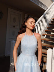 Light Sky Blue Halter Prom Dresses Ankle-length Tulle Cheap Formal Dresses SKO004|Selinadress