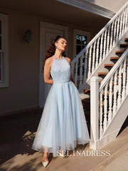 Light Sky Blue Halter Prom Dresses Ankle-length Tulle Cheap Formal Dresses SKO004|Selinadress