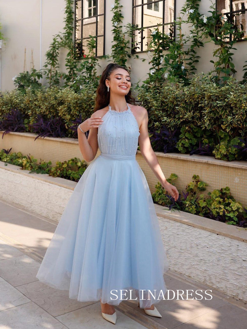 Light Sky Blue Halter Prom Dresses Ankle-length Tulle Cheap Formal Dresses SKO004|Selinadress