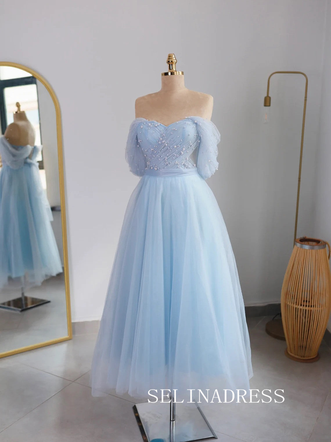 Light Sky Blue Off-the-shoulder Prom Dresses Pearl Tulle Ankle-length Formal Dresses SKO001|Selinadress