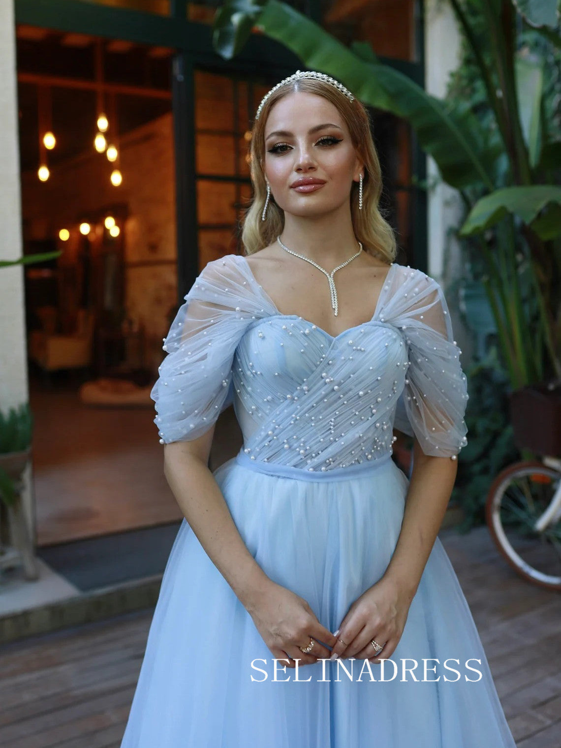 Light Sky Blue Off-the-shoulder Prom Dresses Pearl Tulle Ankle-length Formal Dresses SKO001|Selinadress