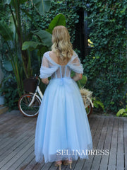 Light Sky Blue Off-the-shoulder Prom Dresses Pearl Tulle Ankle-length Formal Dresses SKO001|Selinadress