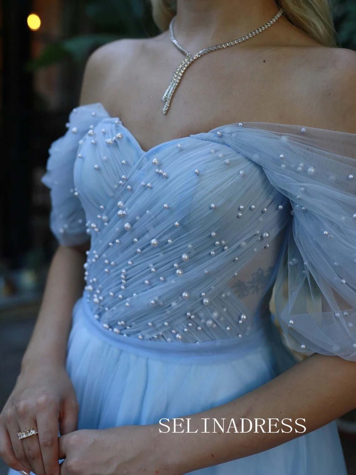 Light Sky Blue Off-the-shoulder Prom Dresses Pearl Tulle Ankle-length Formal Dresses SKO001|Selinadress