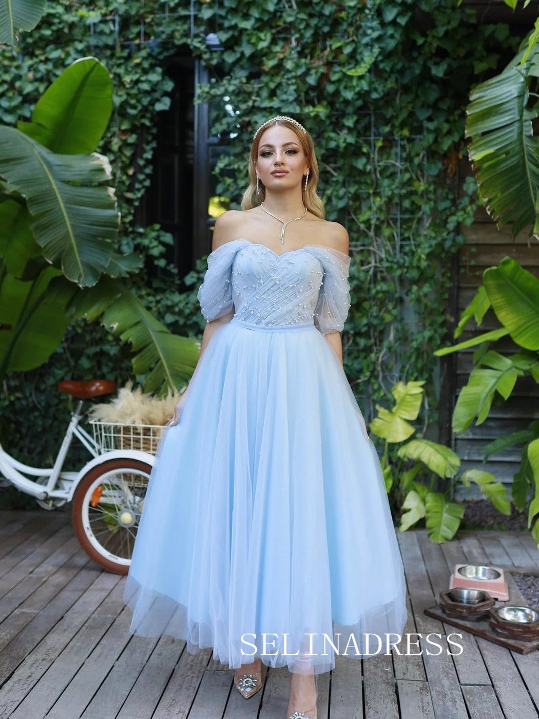 Light Sky Blue Off-the-shoulder Prom Dresses Pearl Tulle Ankle-length Formal Dresses SKO001|Selinadress