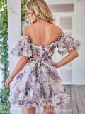 Lilac Floral Homecoming Dress Off-the-shoulder Tulle Short Prom Dress EWR409